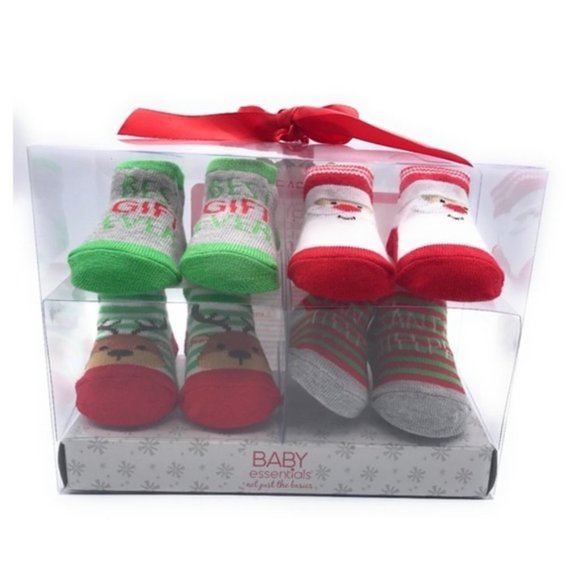 Baby Essentials Holiday Christmas 4 pairs of socks 0-6 mos. NEW in Box - Picture 1 of 6